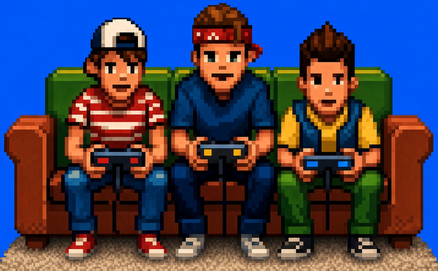 Three friends sharing a couch and playing video games together, in colorful pixel art.